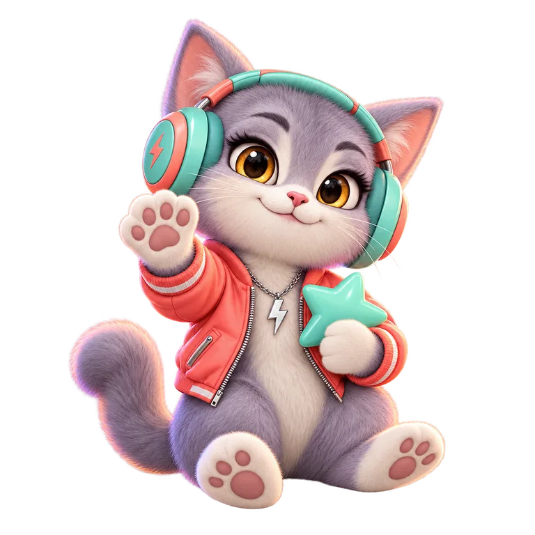 Pulse the cat wearing mint headphones